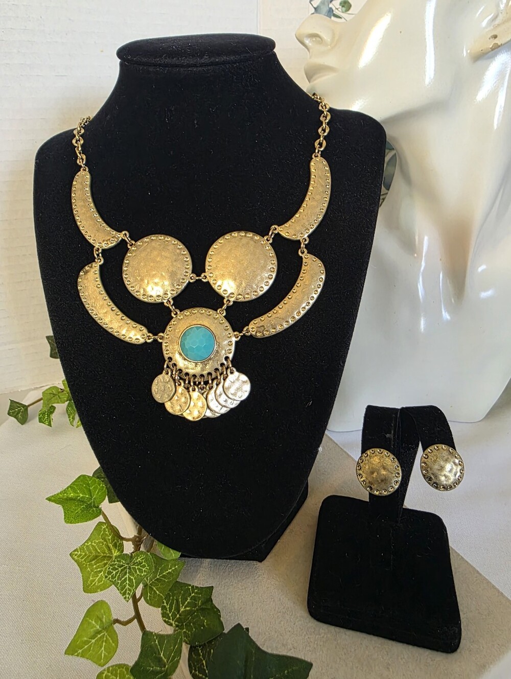 Vintage Boho Hammered Gold Turquoise Statement Necklace Earring Set Coin Drops